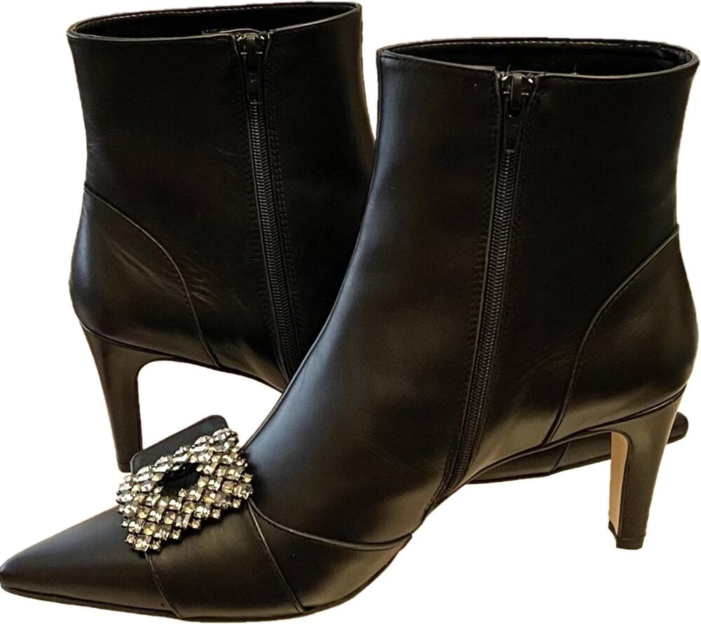 MARIAN Pointy-Toe Leather Zip-up Boots with Crystal Embellish US Size 7.5